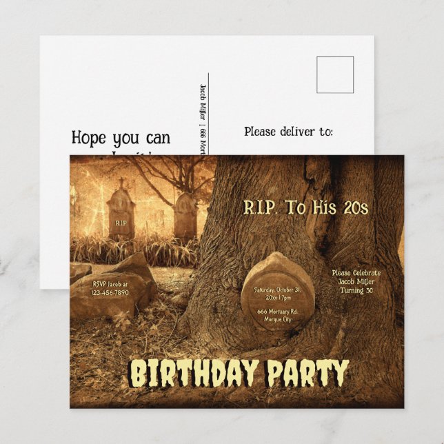 Cartão Postal De Convite Tombstones do Cemitério Gótico RIP para seu Aniver (Frente/Verso)