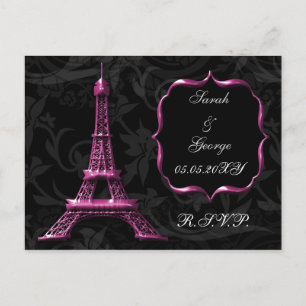 Cartão Postal De Convite Torre Eiffel rosa Casamento francês rsvp