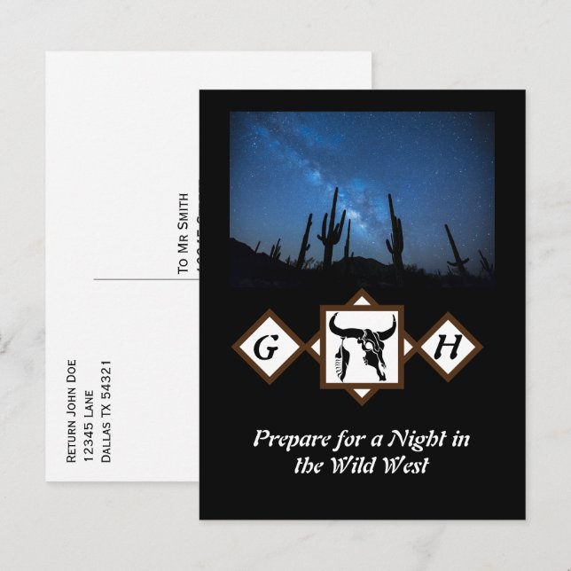 Cartão Postal De Convite Touro Longhorn Negro Touro Crânio Silhueta Monogra (Frente/Verso)