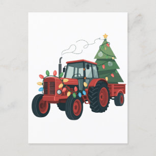 Cartão Postal De Convite Trator com Papais noeis de Trailer Fazenda Farmer 