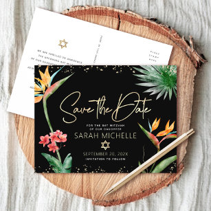 Cartão Postal De Convite Tropical Bat Mitzvah Salvar Data Preto Dourado Flo