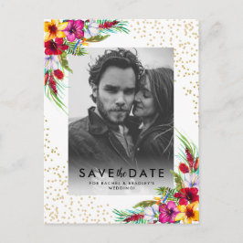 Cartão Postal De Convite Tropical Floral Dourado Foto Casamento Salve a Dat
