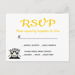 Cartão Postal De Convite Tropical RSVP Amarelo Ouro Casamento Verão Palmeir