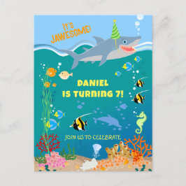 Cartão Postal De Convite Tubarão sorridente debaixo do mar menino festa de 