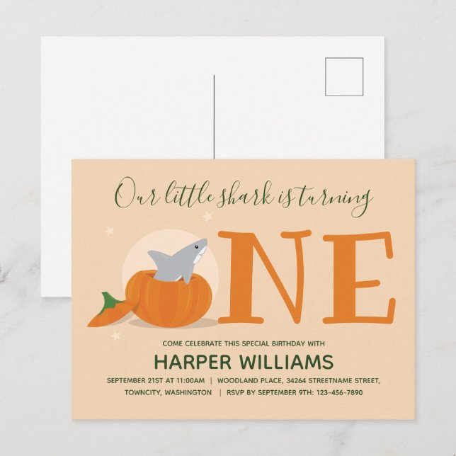 Cartão Postal De Convite Tubarão Transformando Uma Abóbora Primeiro Anivers (Frente/Verso)