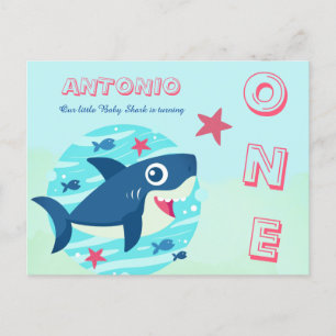 Cartão Postal De Convite Tubarãozinho primeiro aniversário fofo azul debaix