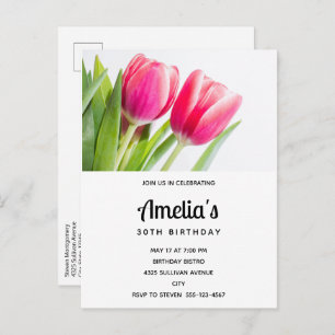 Cartão Postal De Convite Tulipas cor-de-rosa com folhas verdes Foto de aniv