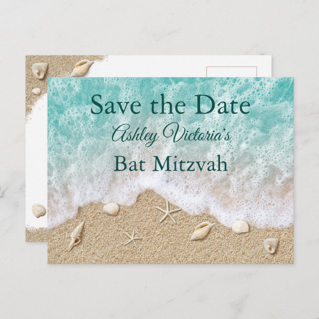Cartão Postal De Convite Turquoise Beach Waves Bat Mitzvah Save the Date (Frente/Verso)