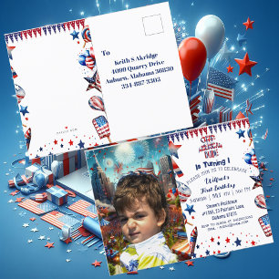 Cartão Postal De Convite Um americano 4 de julho Red White Blue Birthday