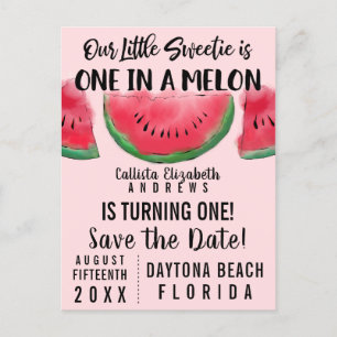 Cartão Postal De Convite Um em uma Melon Watercolor Melon Salva a Data