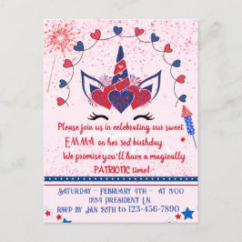 Cartão Postal De Convite Unicorn faz aniversário patriota,