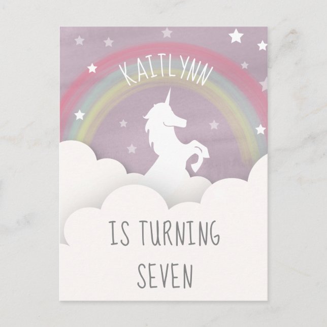 Cartão Postal De Convite Unicorn Rainbow Clouds Stars Aniversário (Frente)