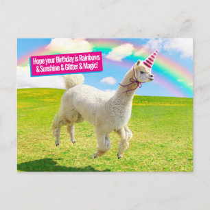 Cartão Postal De Convite Unicórnio Alpaca Sob o Céu Arco-íris