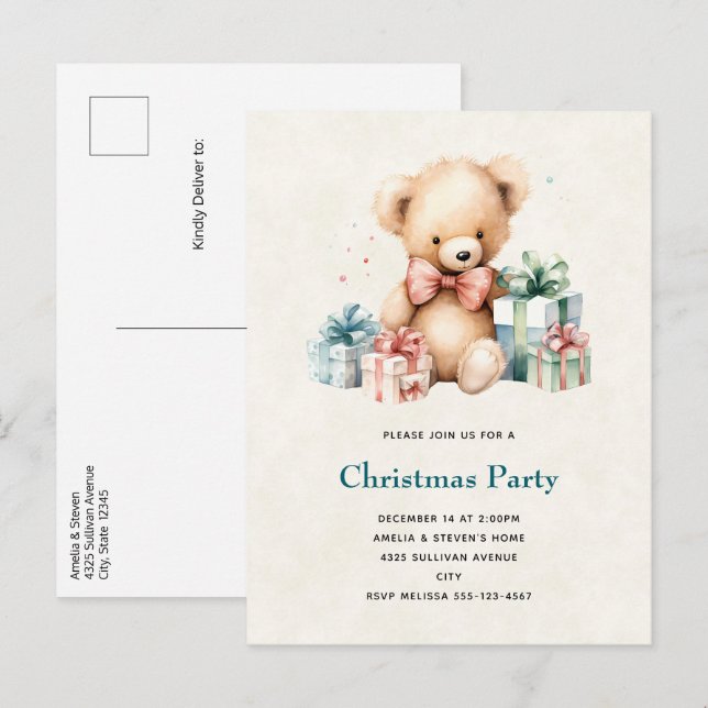 Cartão Postal De Convite Urso de Teddy Bonito com Presentes de Natal (Frente/Verso)
