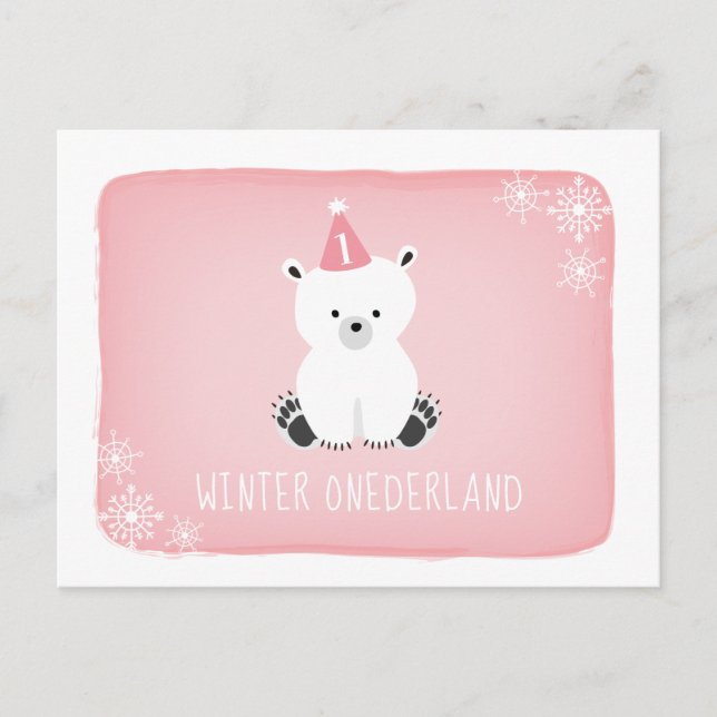 Cartão Postal De Convite Urso Polar Rosa Winter Onederland Primeiro Anivers (Frente)