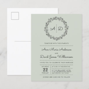 Cartão Postal De Convite Verde   Casamento de Grinalda Floral Country
