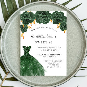 Cartão Postal De Convite Verde doce 16 esmeraldo de ouro verde floral