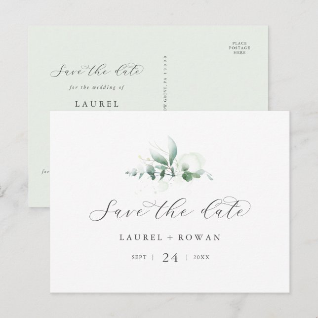 Cartão Postal De Convite Verde Elegante Horizontal Salvar o Cartão-Postal d (Frente/Verso)