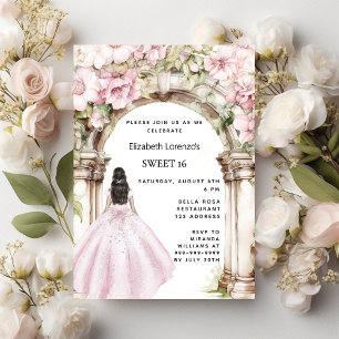 Cartão Postal De Convite Vestido cor-de-rosa de arco floral Doce 16