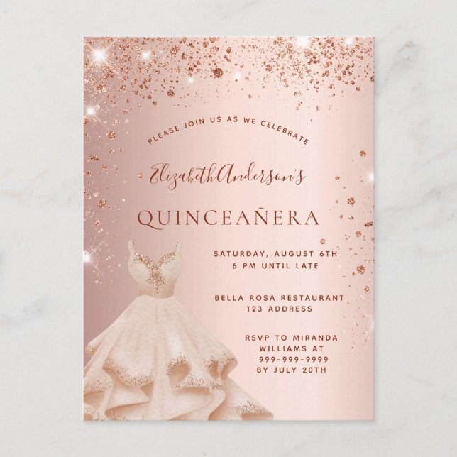 Cartão Postal De Convite Vestido de brilho de rosa de Quinceanera (Frente)