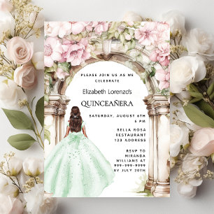 Cartão Postal De Convite Vestido verde rosa para flores Quinceanera