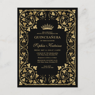 Cartão Postal De Convite Vintage Black Glam Frame Dourado Tiara Quinceanera