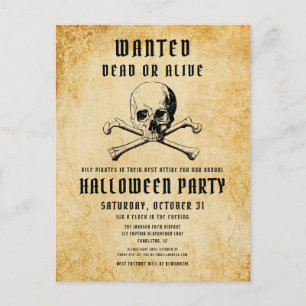 Cartão Postal De Convite Vintage Caveira de Pirata e Ossos de Halloween