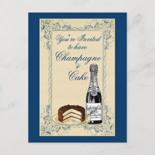 Cartão Postal De Convite Vintage Champagne e partido do bolo
