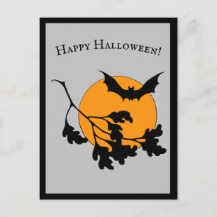 Cartão Postal De Convite Vintage Halloween Orange Moon Flying Bats