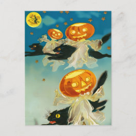 Cartão Postal De Convite Vintage Halloween Pumpkin Fantasmas e Gatos Negros