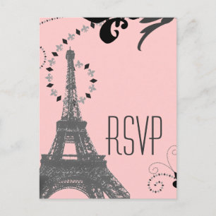 Cartão Postal De Convite vintage paris casamento rsvp torre rosa eiffel