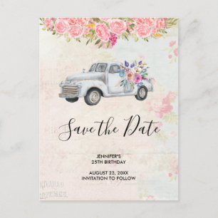 Cartão Postal De Convite Vintage Pickup Truck Rustic Birthday Salvar Data