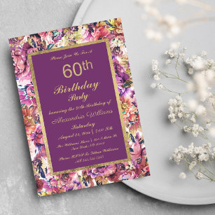 Cartão Postal De Convite Vintage Purple Dourado Coral Floral 60º Aniversári