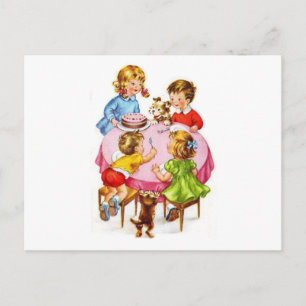 Cartão Postal De Convite Vintage Retro Crianças Cachorro Festa de aniversár