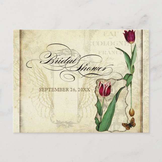 Cartão Postal De Convite Vintage Tulips Angel Wings Swirl Tea Manchado Verm (Frente)