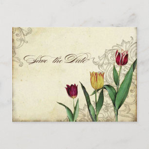 Cartão Postal De Convite Vintage Tulips Angel Wings Swirl Tea Manchado Verm