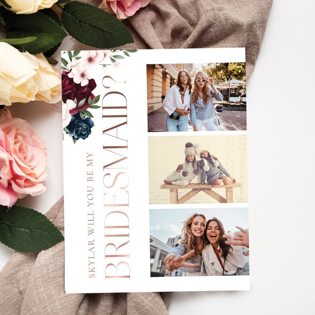 Cartão Postal De Convite Você Será Minha Bridesmaid Red & Marinho Florals F (Criador carregado)
