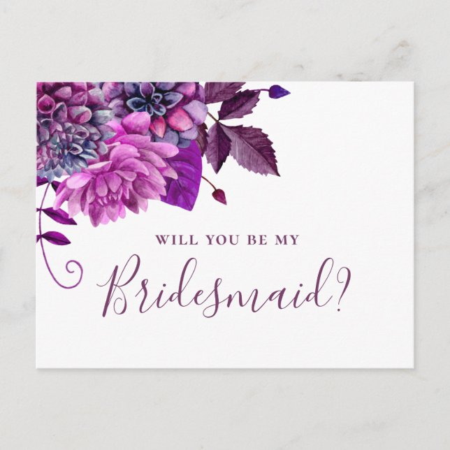 Cartão Postal De Convite Você será minha dama de honra. Floral violeta roxo (Frente)