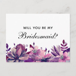 Cartão Postal De Convite Você será minha dama de honra. Flores roxas e rosa