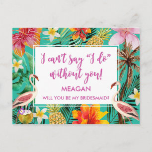 Cartão Postal De Convite Você será minha dama de honra Tropical flamingo?