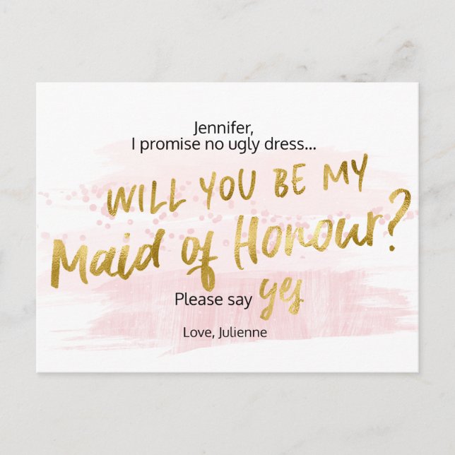 Cartão Postal De Convite Você será minha Madrinha de casamento Blush Waterc (Frente)