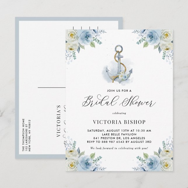 Cartão Postal De Convite Watercolor Anchor and Blue Flowers Bridal Shower (Frente/Verso)