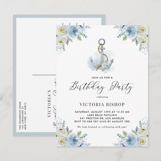 Cartão Postal De Convite Watercolor Blue Floral Anchor Nautical Birthday (Frente/Verso)