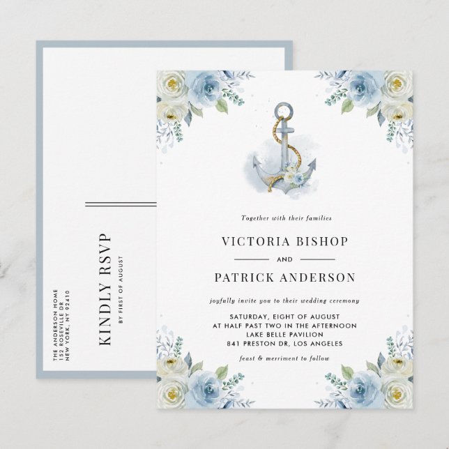 Cartão Postal De Convite Watercolor Blue Floral Anchor Nautical Wedding (Frente/Verso)