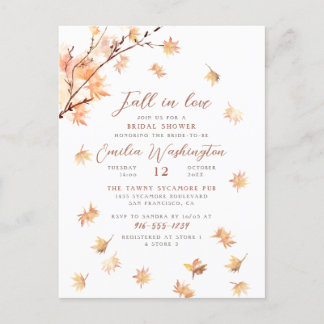 Cartão Postal De Convite Watercolor Leaves "Fall In Love" Bridal Shower