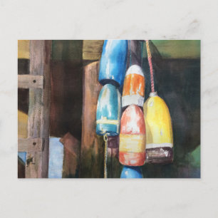 Cartão Postal De Convite Watercolor New England Lobster Buoy Seascape