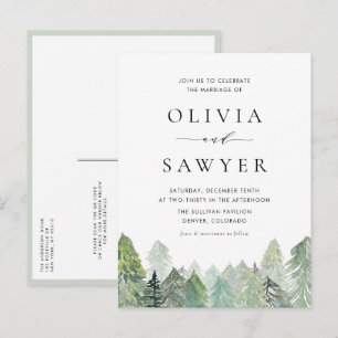 Cartão Postal De Convite Watercolor Snowy Evergreens Casamento no inverno C