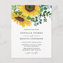 Cartão Postal De Convite Watercolor Sunflower e Eucalyptus Wedding