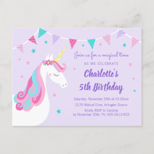 Cartão Postal De Convite Whimsic Rainbow Unicorn Purple 5 Birthday