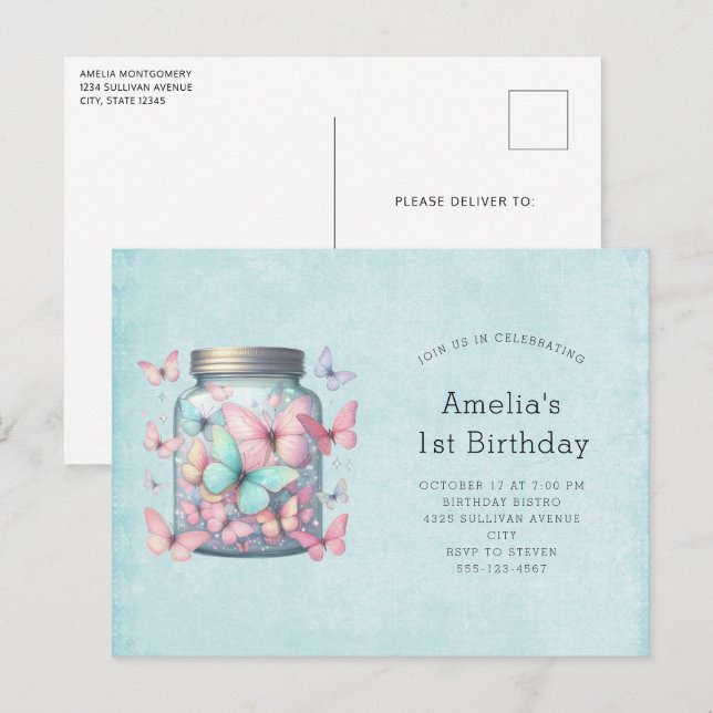 Cartão Postal De Convite Whimsical Butterflies in a Jar Birthday (Frente/Verso)